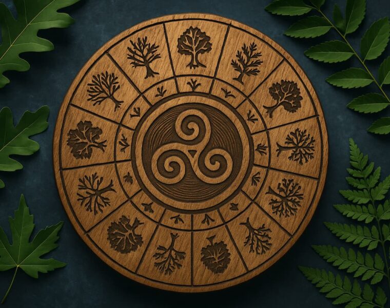 Ilustración vertical con símbolos de astrología celta y un fondo natural en tonos verdes.