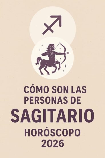 Infografía vertical con símbolos de Sagitario y texto sobre cómo son las personas de este signo en 2026