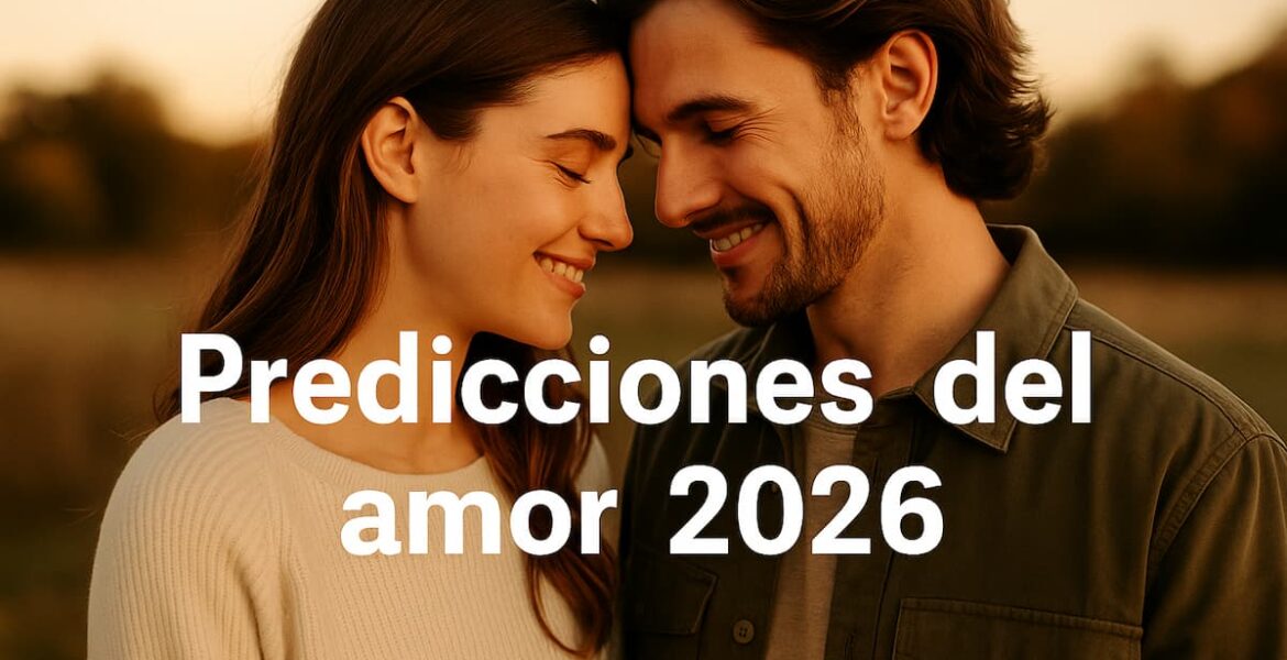Pareja joven sonriendo bajo luces urbanas con el texto “Predicciones del amor 2026”, imagen que representa la energía romántica y las tendencias del amor para el nuevo año.