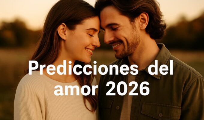 Pareja joven sonriendo bajo luces urbanas con el texto “Predicciones del amor 2026”, imagen que representa la energía romántica y las tendencias del amor para el nuevo año.