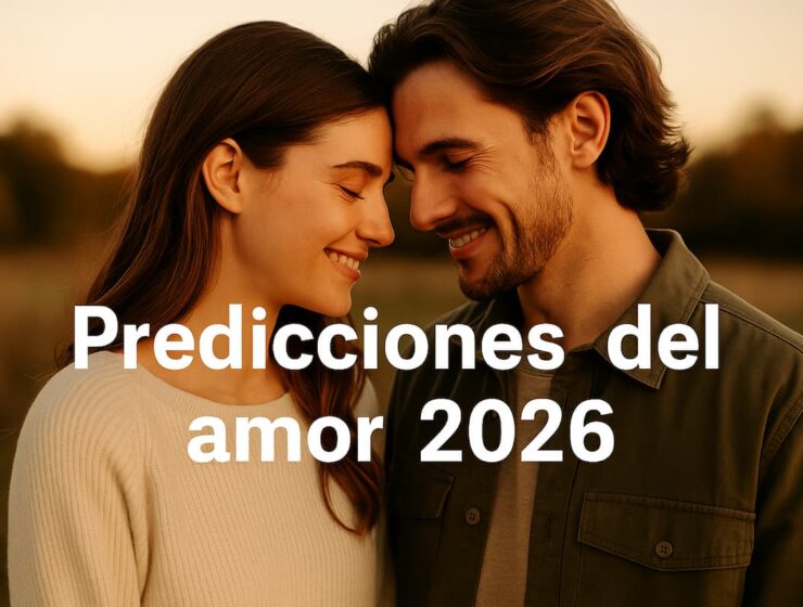 Pareja joven sonriendo bajo luces urbanas con el texto “Predicciones del amor 2026”, imagen que representa la energía romántica y las tendencias del amor para el nuevo año.