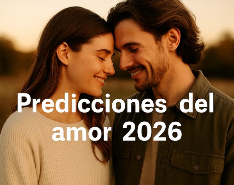 Pareja joven sonriendo bajo luces urbanas con el texto “Predicciones del amor 2026”, imagen que representa la energía romántica y las tendencias del amor para el nuevo año.