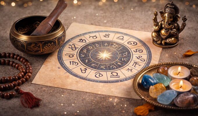 Objetos simbólicos de la cultura hindú sobre una superficie iluminada, usados en prácticas espirituales y astrología védica.