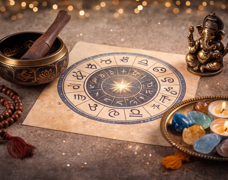 Objetos simbólicos de la cultura hindú sobre una superficie iluminada, usados en prácticas espirituales y astrología védica.