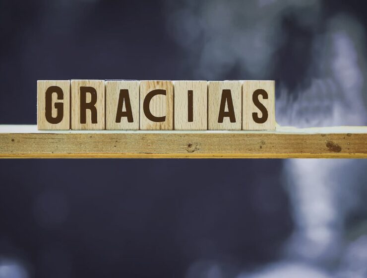 Bloques de madera formando la palabra gracias sobre un fondo neutro