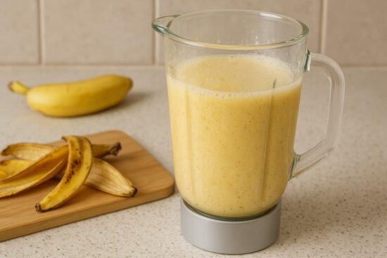 Licuadora de vidrio con un licuado casero de cáscaras de banana listo para usar como fertilizante natural.