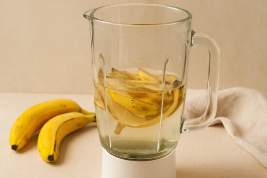 Cáscaras de banana cortadas sobre una tabla de cocina con una licuadora en segundo plano, listas para preparar un fertilizante casero.