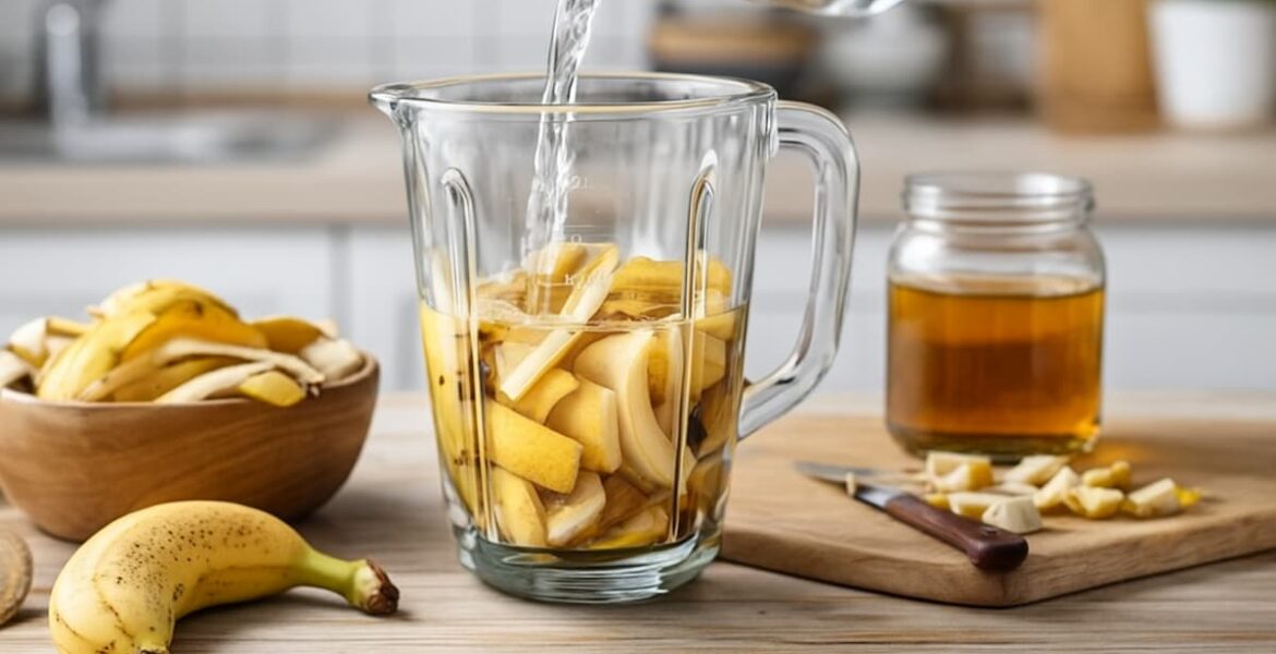 Cáscaras de banana frescas junto a una licuadora en una cocina, listas para preparar un licuado natural para plantas.