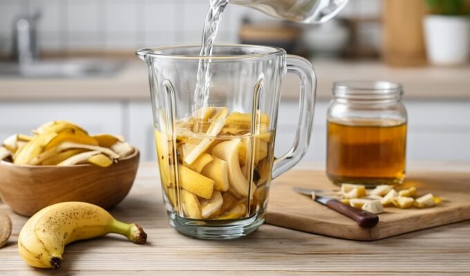 Cáscaras de banana frescas junto a una licuadora en una cocina, listas para preparar un licuado natural para plantas.