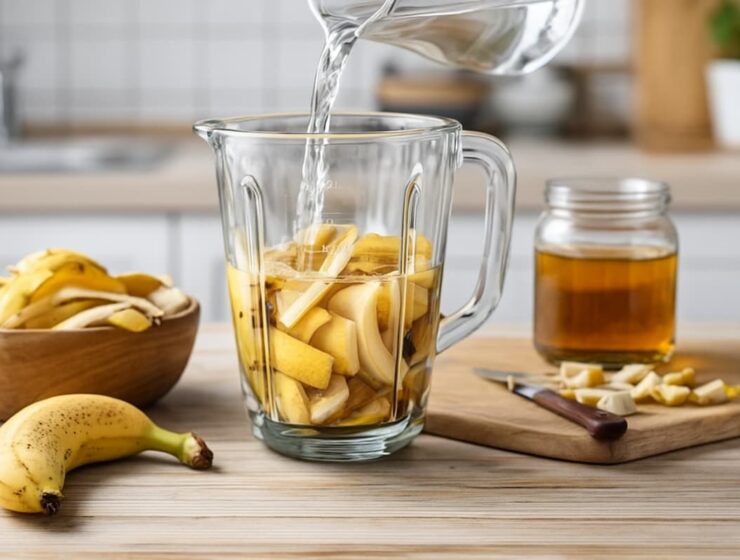 Cáscaras de banana frescas junto a una licuadora en una cocina, listas para preparar un licuado natural para plantas.