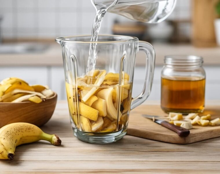 Cáscaras de banana frescas junto a una licuadora en una cocina, listas para preparar un licuado natural para plantas.