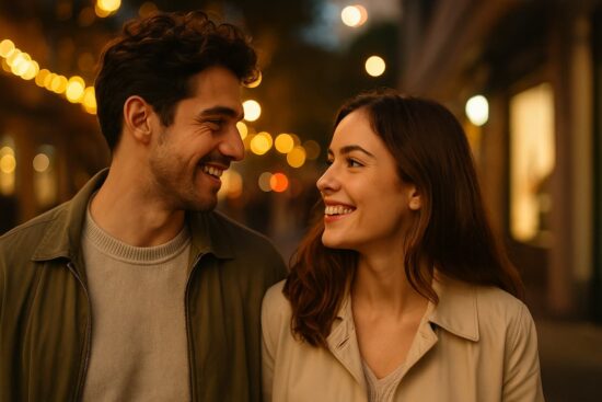 Pareja joven sonriendo enamorada