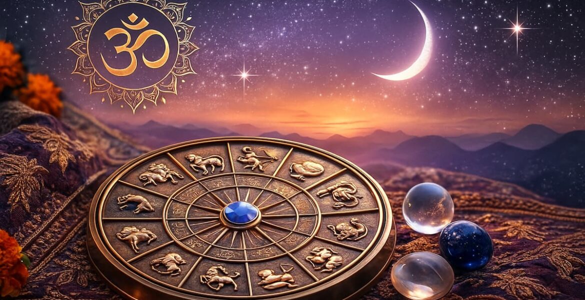 Ilustración astrológica hindú con mandalas, símbolos sagrados y elementos cósmicos en tonos cálidos.