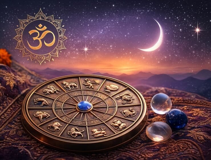 Ilustración astrológica hindú con mandalas, símbolos sagrados y elementos cósmicos en tonos cálidos.