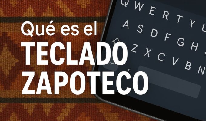 Smartphone Motorola con teclado zapoteco en pantalla sobre fondo textil oaxaqueño, símbolo de inclusión digital y diversidad lingüística.