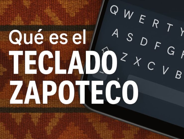 Smartphone Motorola con teclado zapoteco en pantalla sobre fondo textil oaxaqueño, símbolo de inclusión digital y diversidad lingüística.