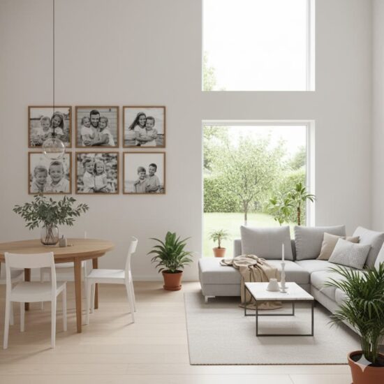 Pared de sala de estar moderna decorada con fotos familiares en marcos de madera clara, rodeada de plantas y luz natural.