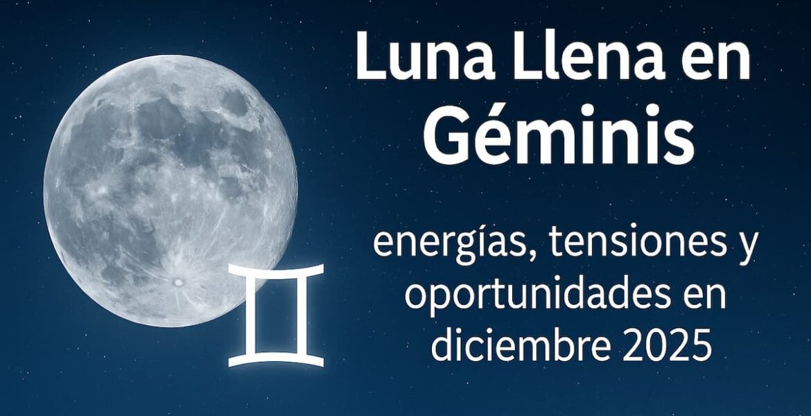 Luna Llena junto al símbolo del signo Géminis sobre un cielo nocturno estrellado.
