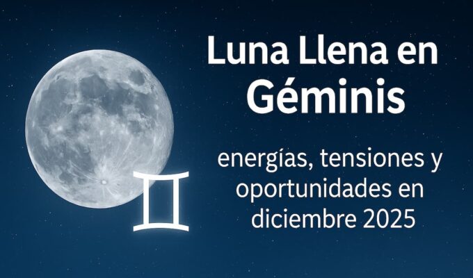 Luna Llena junto al símbolo del signo Géminis sobre un cielo nocturno estrellado.