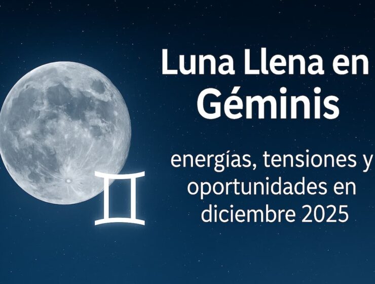 Luna Llena junto al símbolo del signo Géminis sobre un cielo nocturno estrellado.