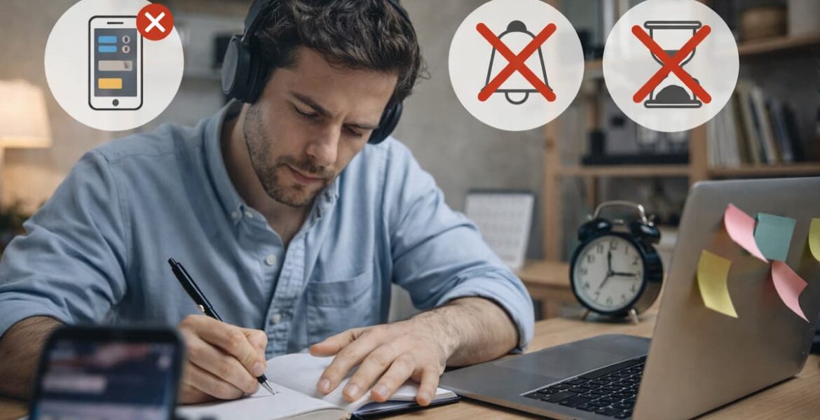 Hombre concentrado trabajando y evitando distracciones digitales en su escritorio
