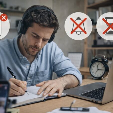 Hombre concentrado trabajando y evitando distracciones digitales en su escritorio