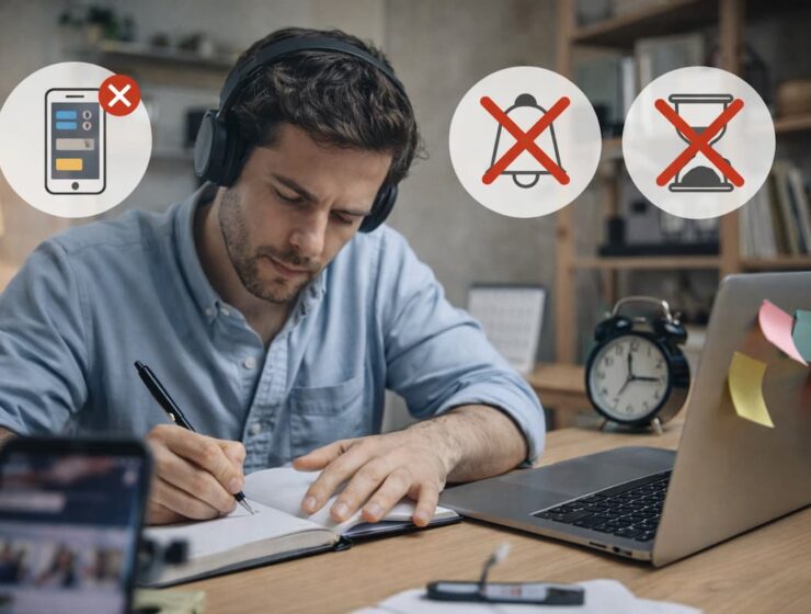 Hombre concentrado trabajando y evitando distracciones digitales en su escritorio