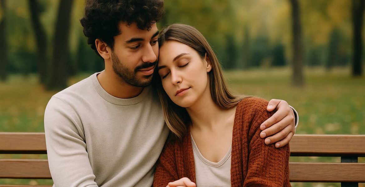 Pareja sentada en un parque compartiendo un momento tranquilo que refleja cómo el tiempo fortalece los vínculos afectivos.