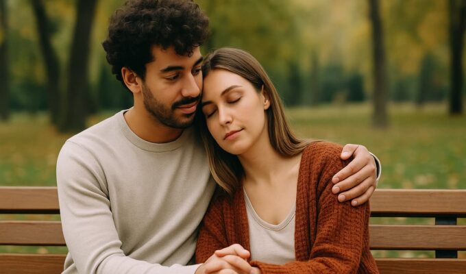 Pareja sentada en un parque compartiendo un momento tranquilo que refleja cómo el tiempo fortalece los vínculos afectivos.