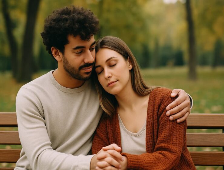 Pareja sentada en un parque compartiendo un momento tranquilo que refleja cómo el tiempo fortalece los vínculos afectivos.