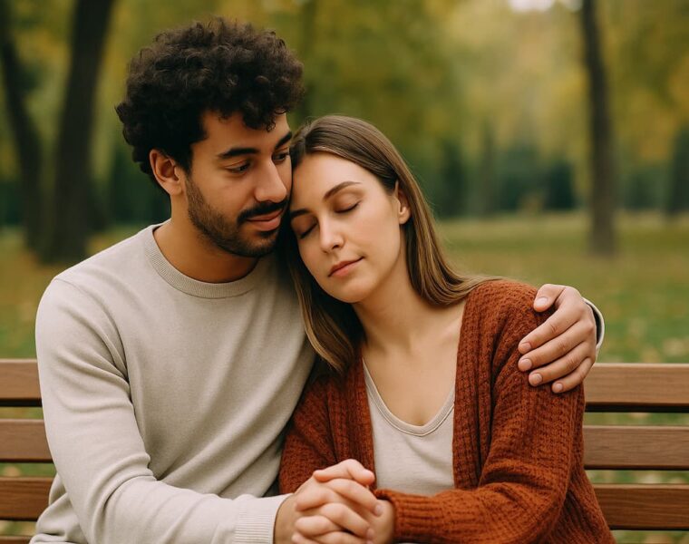 Pareja sentada en un parque compartiendo un momento tranquilo que refleja cómo el tiempo fortalece los vínculos afectivos.