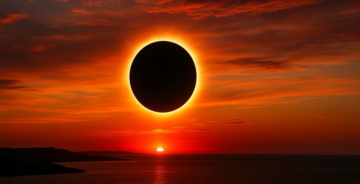 Eclipse solar total al atardecer sobre el mar, con la Luna cubriendo al Sol y un cielo en tonos rojos y naranjas.