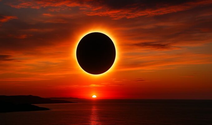 Eclipse solar total al atardecer sobre el mar, con la Luna cubriendo al Sol y un cielo en tonos rojos y naranjas.