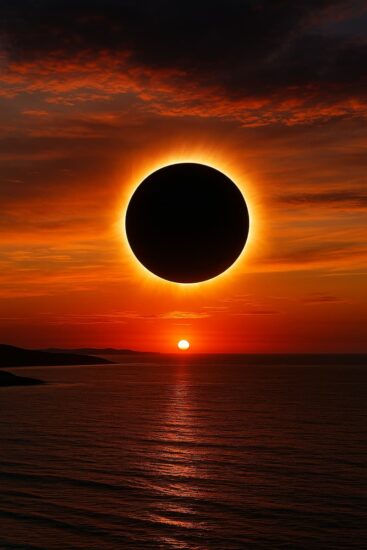 Eclipse solar total: su impacto energético Imagen horizontal de un eclipse solar total capturado desde la costa. La Luna cubre por completo al Sol mientras la corona solar ilumina el cielo en tonos rojizos propios del atardecer. El mar refleja la luz intensa del horizonte y crea una escena natural impactante que ilustra la magnitud de los eclipses que se podrán observar en 2026. Perfecta para artículos de astronomía, ciencia, naturaleza y turismo astronómico.