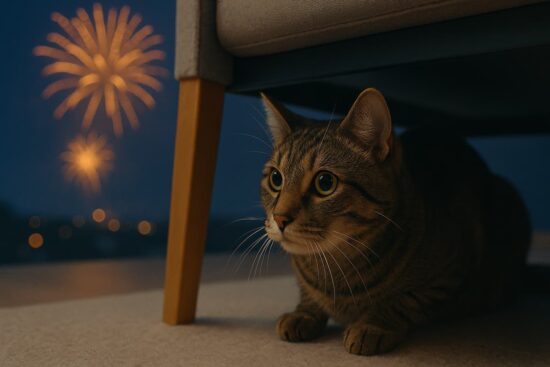 Estrés en gatos por fuegos artificiales Gato escondido bajo un mueble durante fuegos artificiales nocturnos, afectado por la pirotecnia.