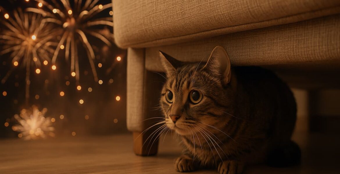 Gato asustado por fuegos artificiales refugiado debajo del sofa
