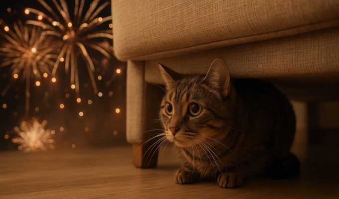 Gato asustado por fuegos artificiales refugiado debajo del sofa