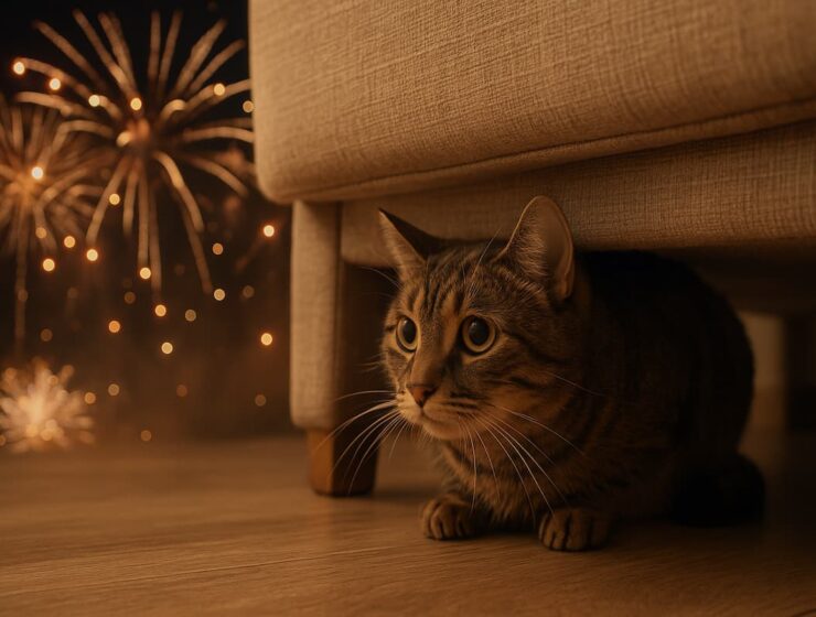 Pirotecnia y gatos: por qué les afecta y cómo cuidarlos a fin de año 1 Gato asustado por fuegos artificiales refugiado debajo del sofa
