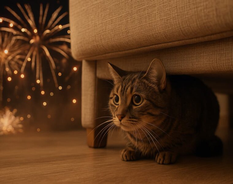 Gato asustado por fuegos artificiales refugiado debajo del sofa