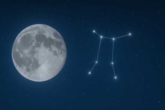 Luna Llena con la constelación de Géminis. Luna Llena junto a la constelación de Géminis resaltada en el cielo nocturno.