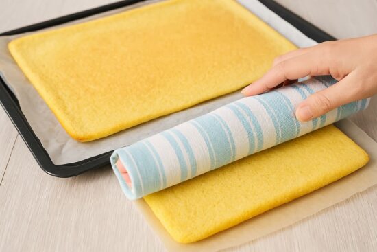 Masa de pionono casera siendo enrollada con un paño para darle forma.