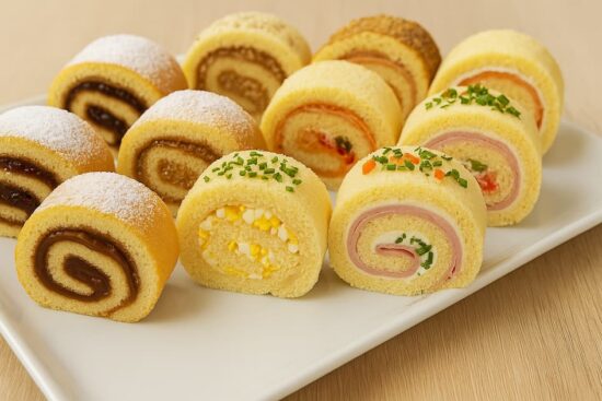 Piononos con múltiples rellenos dulces y salados, variedad de sabores en presentación casera.