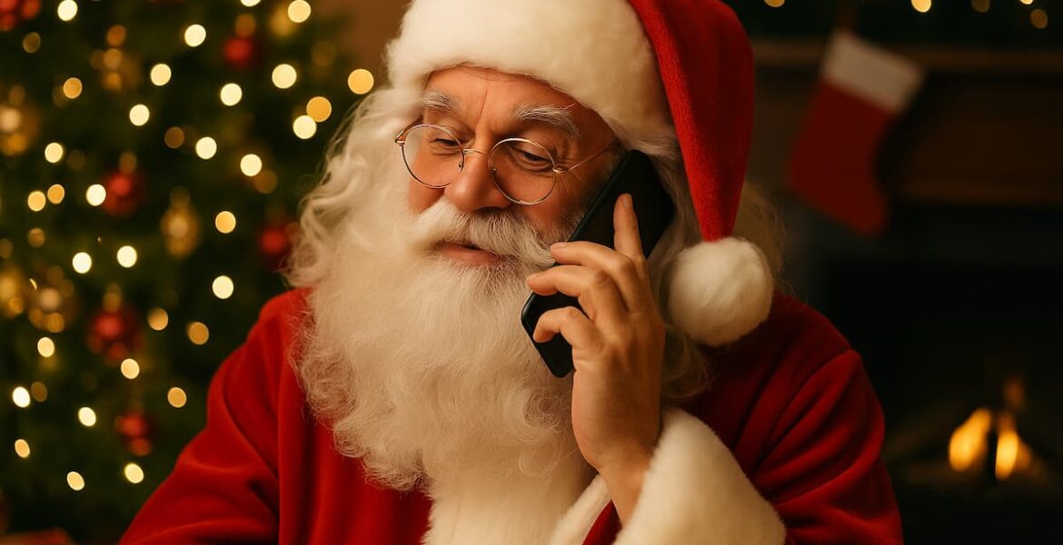 Santa Claus usando un teléfono celular en una sala navideña con árbol iluminado y chimenea de fondo.