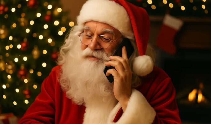 Santa Claus usando un teléfono celular en una sala navideña con árbol iluminado y chimenea de fondo.