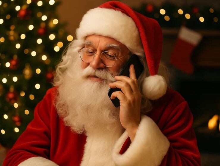 Santa Claus usando un teléfono celular en una sala navideña con árbol iluminado y chimenea de fondo.