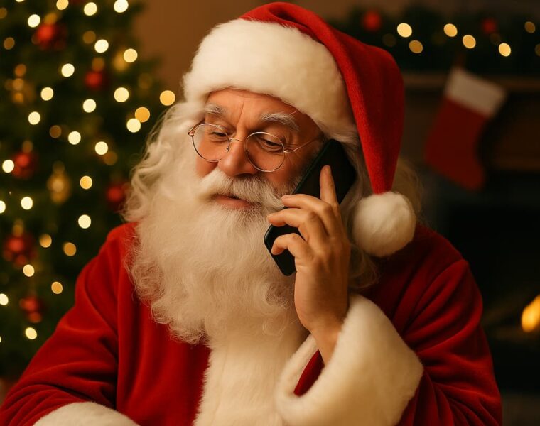 Santa Claus usando un teléfono celular en una sala navideña con árbol iluminado y chimenea de fondo.