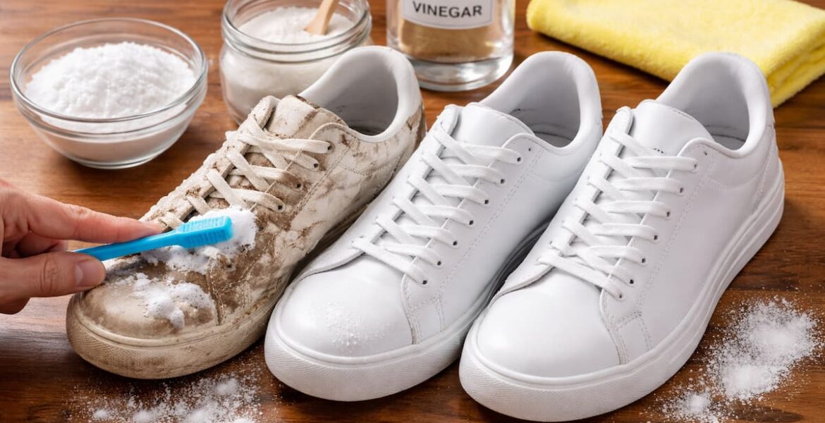 Zapatillas blancas siendo limpiadas con un cepillo y mezcla de bicarbonato y vinagre sobre una mesa.