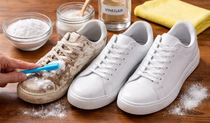 Zapatillas blancas siendo limpiadas con un cepillo y mezcla de bicarbonato y vinagre sobre una mesa.