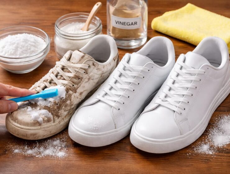 ¿Zapatillas blancas sucias? El truco que usan expertos para dejarlas como nuevas 1 Zapatillas blancas siendo limpiadas con un cepillo y mezcla de bicarbonato y vinagre sobre una mesa.