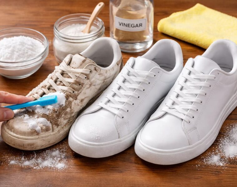 Zapatillas blancas siendo limpiadas con un cepillo y mezcla de bicarbonato y vinagre sobre una mesa.